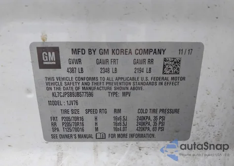 2018 Chevrolet Trax Lt из США, поврежденный, VIN KL7CJPSB9JB577596